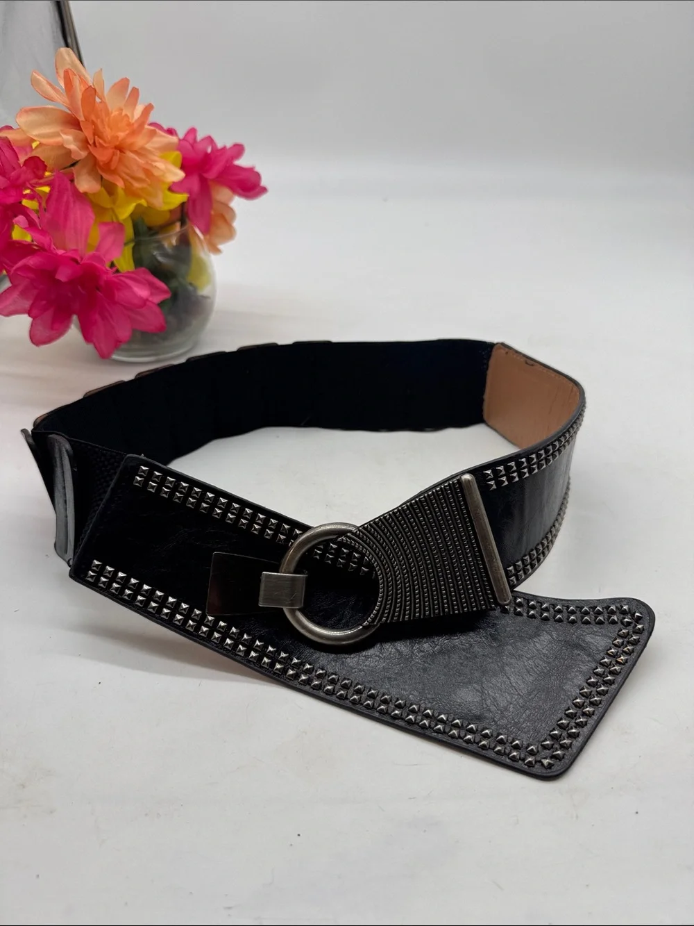 Black Studded Elastic Waist Belt with Ring Buckle
